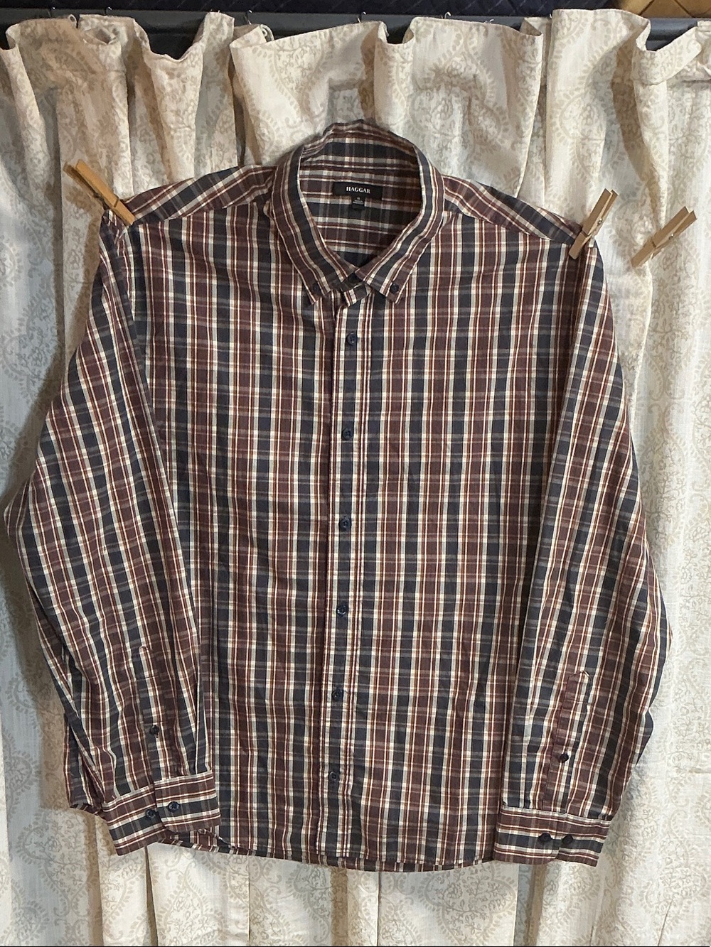 Haggar Brown and Cream Plaid Button-Down Shirt